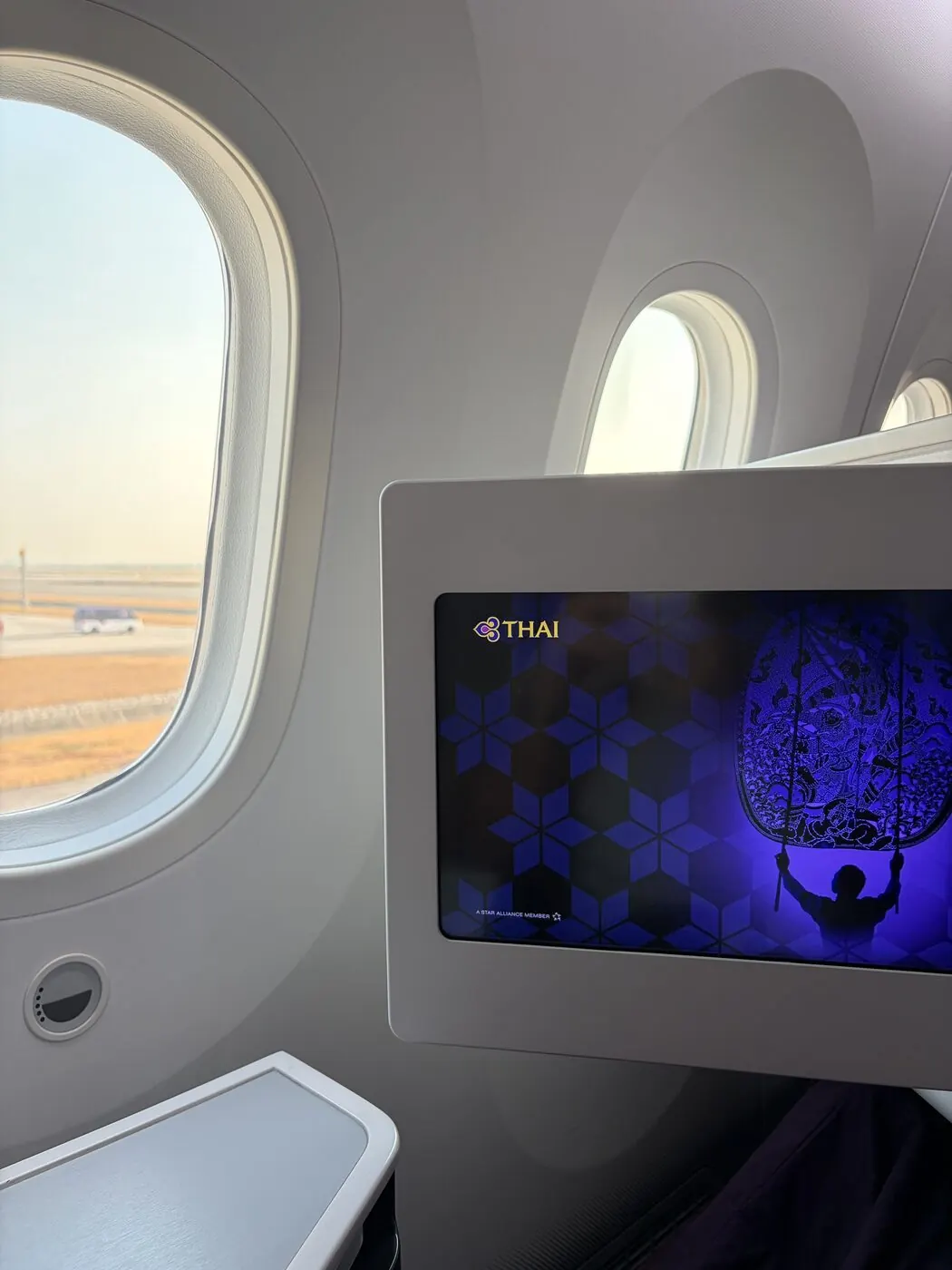 Thai Airways Business Class Boeing 787 IFE screen and window